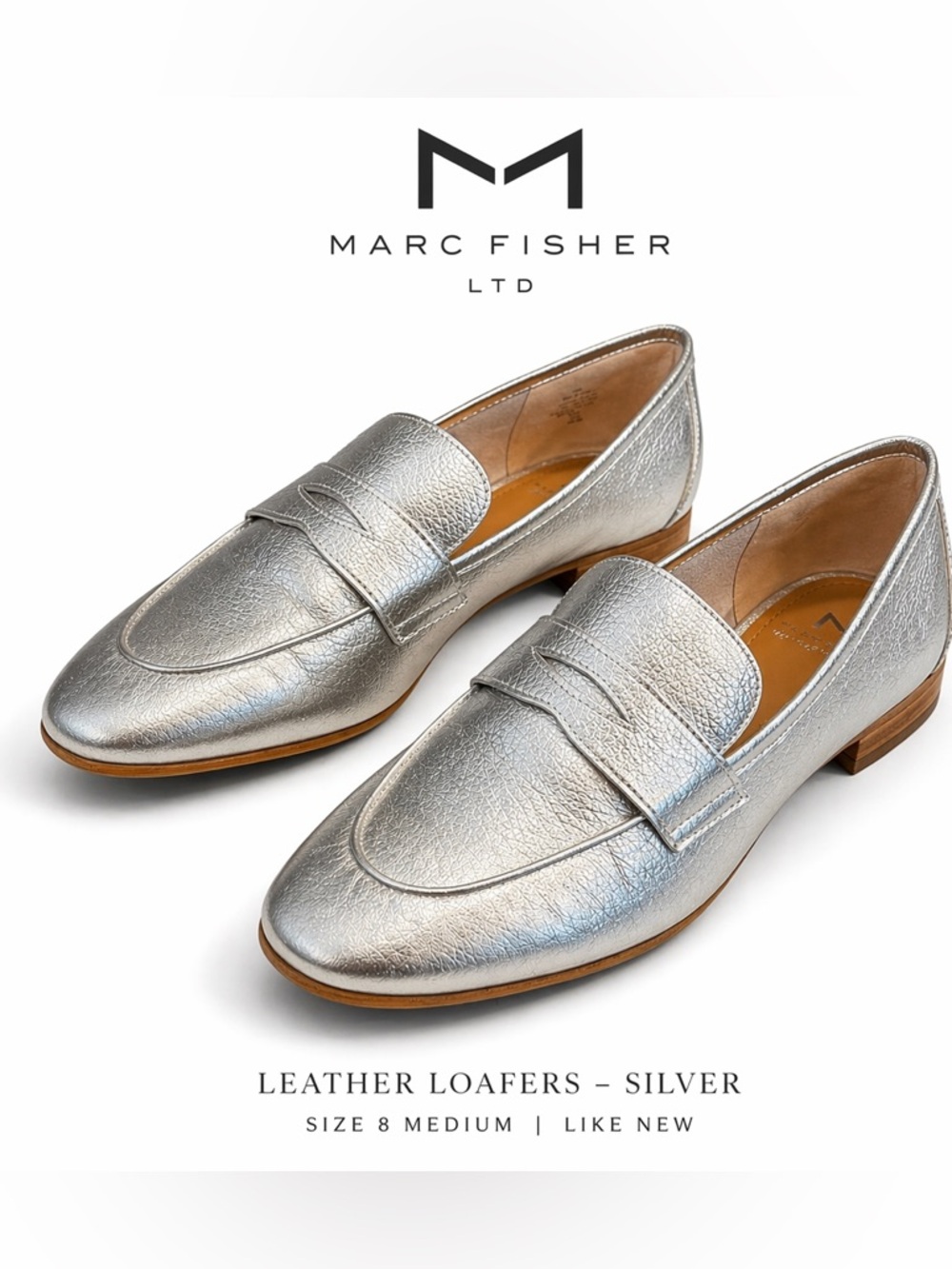 Marc Fisher Silver Leather Loafers Size 8M Metallic Slip On Flats Classic Chic
